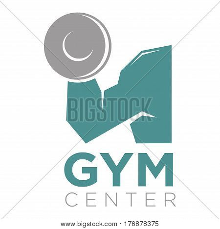 Gym center promotion banner. Big mans arm holds a barbell with sign underneath vector illustration. Place where you can keep fit or become slender by simulators. Make your body strong and athletic.