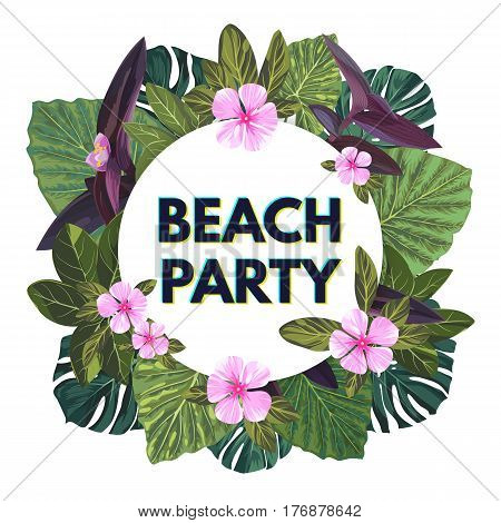 Bright floral banner template for summer beach party. Tropical flyer with green exotic palms and pink flowers, vector illustration.
