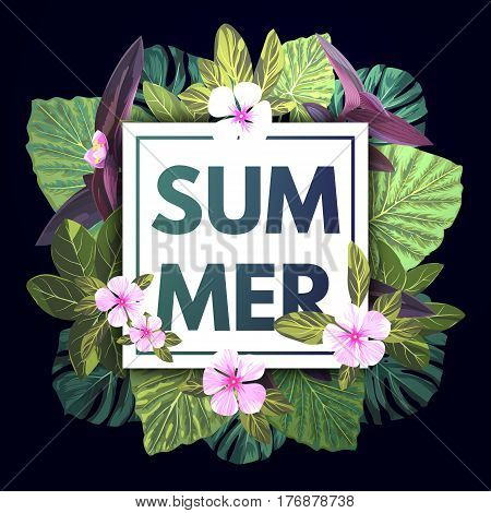 Summer tropical background with exotic palm leaves and pink flowers. Jungle floral template, vector illustration.