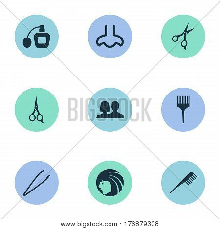 Vector Illustration Set Of Simple Beauty Icons. Elements Crest, Comb, Customers And Other Synonyms Perume, Hairstylist And Shears.