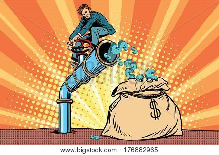 The financier sitting on cash tube. Pop art retro comic book vector illustration