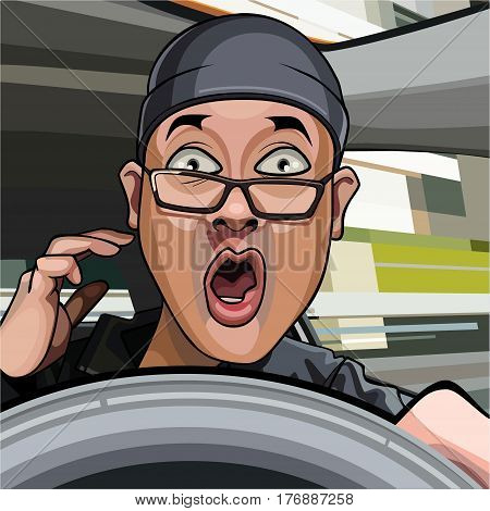 cartoon man driving exclaims in surprise with his mouth open