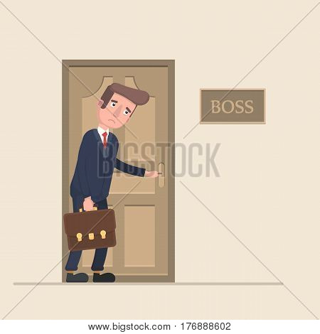 The worker is afraid to go to the boss in the office. Vector illustration in a flat style.