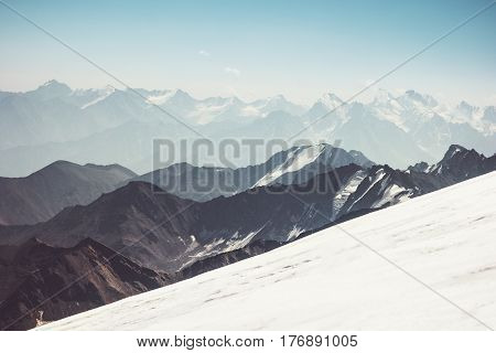 Mountains Landscape aerial view of Greater Caucasus range climbing Travel serene scenery wild nature calm atmospheric scene over 5000m altitude