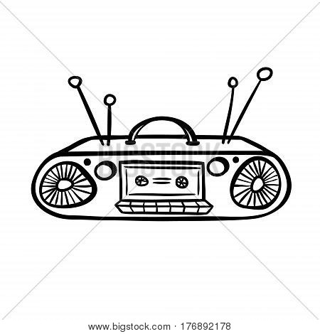 Tape recorder in doodle style. Hand drawn vector illustration isolated on white.