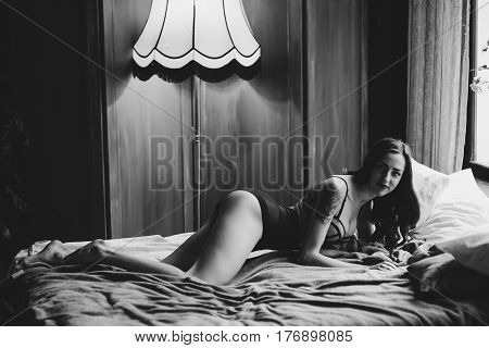 Boudoir Photo Of Sexy Girl Wearing Stylish Black Lingerie Underwear Posing In The Bedroom
