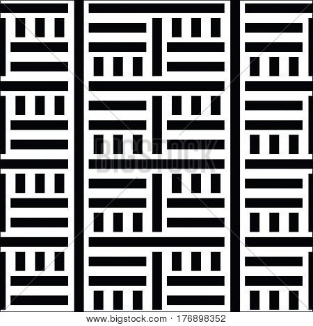 Geometric geo, basketweave, seamless pattern. Abstract strong geometrical background. Simple precise zebra print. Stripes design template. Striped background texture. Black and white digital graphic in vector