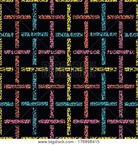 Seamless trellis, basketweave, patten. Abstract seamless pattern pastel crayons on black. Pink blue yellow and orange Paper Weave. Geometric Geo seamless background.