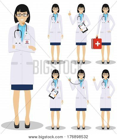 Detailed illustration of old american european medical people standing in different positions in flat style on white background.