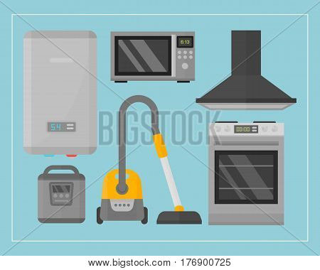 Home appliances kitchen equipment domestic electric tool technology household laundry and cleaning group machine interior electric vector illustration. Modern shop contemporary flat style object.