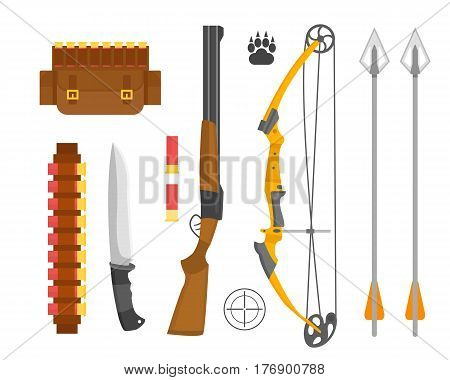 Set of vintage hunting symbols camping objects design elements flat style hunter weapons and forest wild other outfit isolated vector illustration. Aiming outdoors equipment.