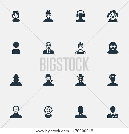 Vector Illustration Set Of Simple Human Icons. Elements Male With Headphone, Young Shaver, Felon And Other Synonyms Avatar, Mysterious And Little.