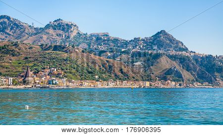 Taormina City And Giardini Naxos Town On Coast