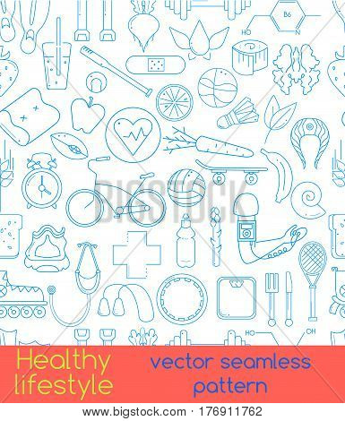 Vector seamless pattern of outline icons for your web design. Pattern includes icons of healthy food and sport. Healthy lifestyle concept in flat design.