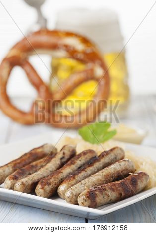 nuremberg bratwurst with cabbage on a plate