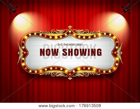 theater sign on curtain with spotlight vector illustration