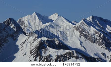 Majestic mountains in the Swiss Alps. View from mount Fronalpstock.