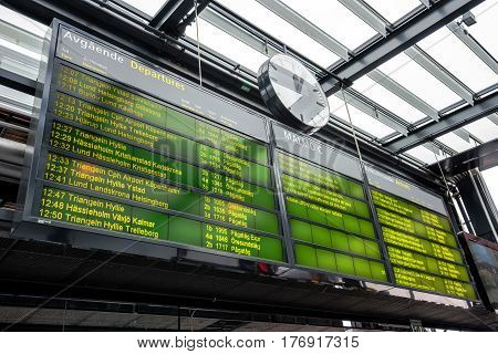 MALMO SWEDEN - MARCH 07 2017: Information board on Malmo Central station the third busiest in Sweden behind Stockholm and Gothenburg.