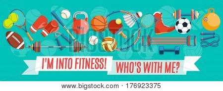 Set of sport balls and gaming items at a turquoise background. Healthy lifestyle tools, elements. Vector Illustration