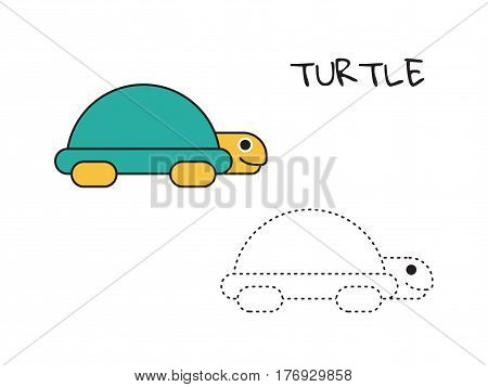 Turtle coloring book vector illustration isolated on white background flat. Drawing lessons for kids with jobs animal coloring pages.