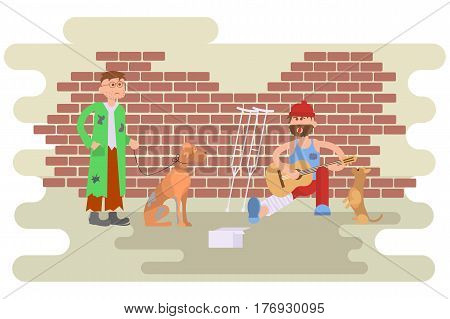 Tramp person with homeless dog in dirty ragsand and Hungry man with leg in a plaster cast, to use crutches. Isolated characters for infographic. Vector illustration eps10