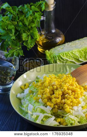 Fresh vegetable and dietary salad from cabbage and corn