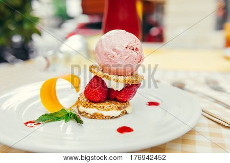 Strawberry ice cream dish with fresh strawberry, fresh cookie and green petal serve on decorated with checkered cloth table