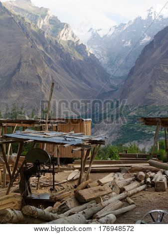 A local lumberyard sits in a Himalayan valley in the small town of Karimabad, Pakistan
