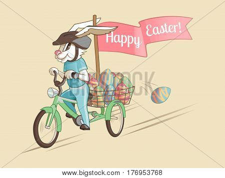 Rabbit driver of Easter eggs. Vector illustration.