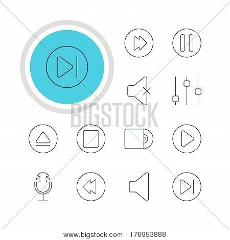 Vector Illustration Of 12 Music Icons. Editable Pack Of Start, Rewind, Advanced And Other Elements.