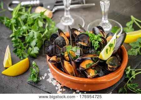Mussels In Wine With Parsley And Lemon. Seafood. Clams In The Shells. Delicious Snack For Gourmands.