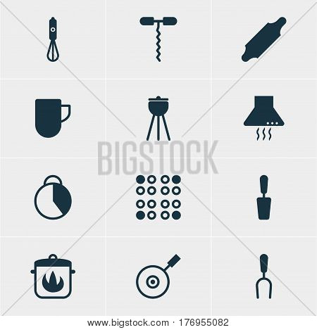 Vector Illustration Of 12 Cooking Icons. Editable Pack Of Bakery Roller, Skillet, Barbecue Tool And Other Elements.
