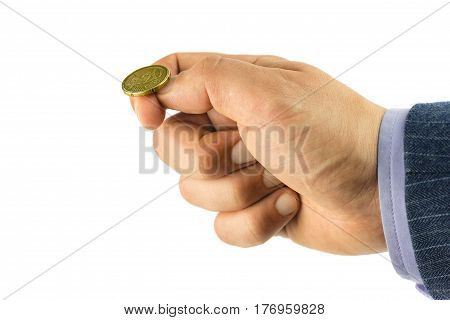 Golden euro cent on hand fingers tossing coin heads or tails game isolated on white background