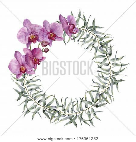 Watercolor floral wreath with eucalyptus leaves and orchids. Hand painted floral wreath with branches, leaves of eucalyptus and flowers isolated on white background. For design or background.