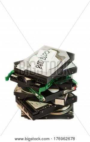 Stack Of Broken Hard Disk Drives. Isolated