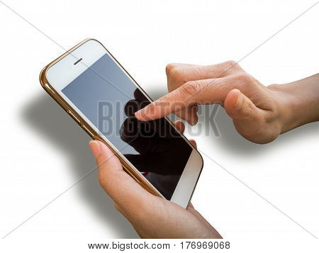 Two hands person holding and using smartphone isolate on white background with clipping path