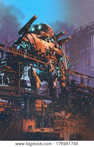 restoring the old giant robot in abandoned factory, illustration painting