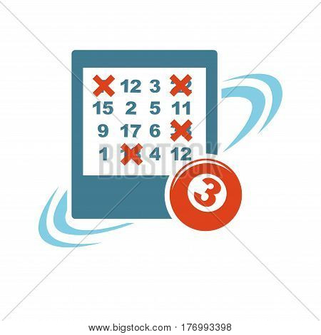 Gambling template with isolated lottery ticket and red ball with number three. Piece of blue paper with crossed numerals on white. Vector illustration in flat design of raffling game concept