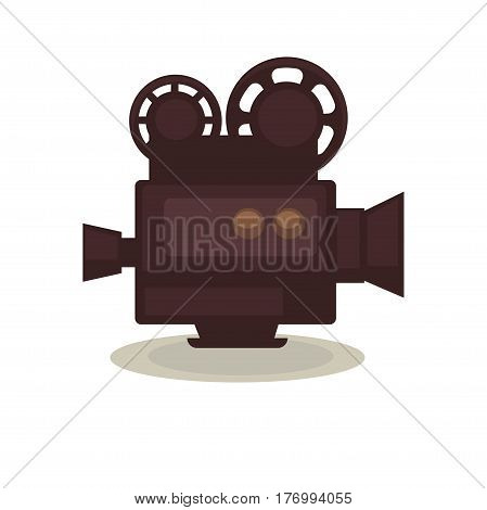 Vintage filming camera isolated on white background. Eternal symbol of cinematograph vector illustration. Old equipment for movie creation. Outmoded device that associates with cinema industry.