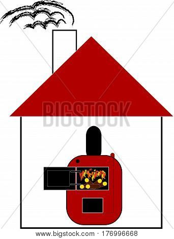 Home with fire wood boiler on white background. Vector illustration.
