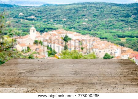 Perspective Empty Wood With High Side View Beautiful Village In South Of France, Ramatuelle Village 