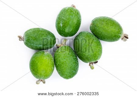Tropical Fruit Feijoa Acca Sellowiana Isolated On White Background. Top View. Flat Lay Pattern
