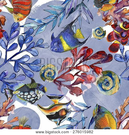 Watercolor Aquatic Underwater Colorful Tropical Fish Illustration Set. Seamless Background Pattern.