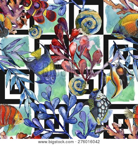 Watercolor Aquatic Underwater Colorful Tropical Fish Illustration Set. Seamless Background Pattern.
