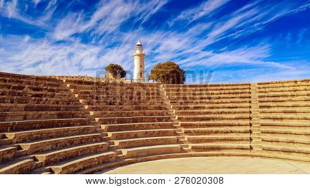 Ancient Ruins Of Kourion City Near Pathos And Limassol, Cyprus. Lighthouse And Theater Under The Blu