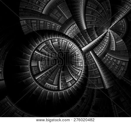 Mysterious Sci Fl Tunnel With Light At The End (3d Illustration). Interplay Of Digital Symbols And A