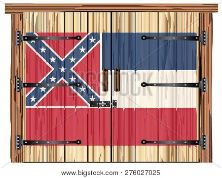 A Large Closed Wooden Barn Double Door With Bolt And Hinges And The Mississippi Flag Painted On