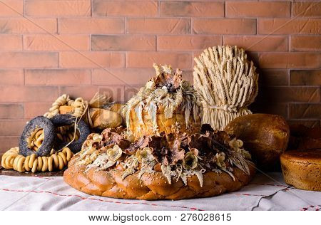 Karavay, Loaf Traditional Bread. Loaf With Floral Patern Of Flowers And Leaves. Ukrainian National T