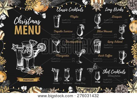 Hand Drawing Christmas Holiday Menu Design. Restaurant Menu
