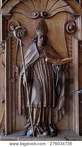 LUCERNE, SWITZERLAND - JUNE 24, 2018: Saint Leodegar, door of the church of St. Leodegar in Lucerne, Switzerland